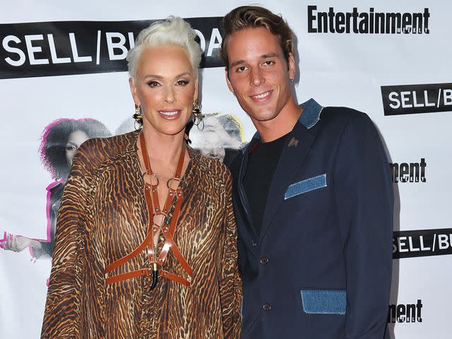 <p>Rachel Luna/Getty </p> Brigitte Nielsen and her son Douglas Aaron Meyer arrive at opening night of 'Sell/Buy/Date' at the Los Angeles LGBT Center on October 14, 2018.