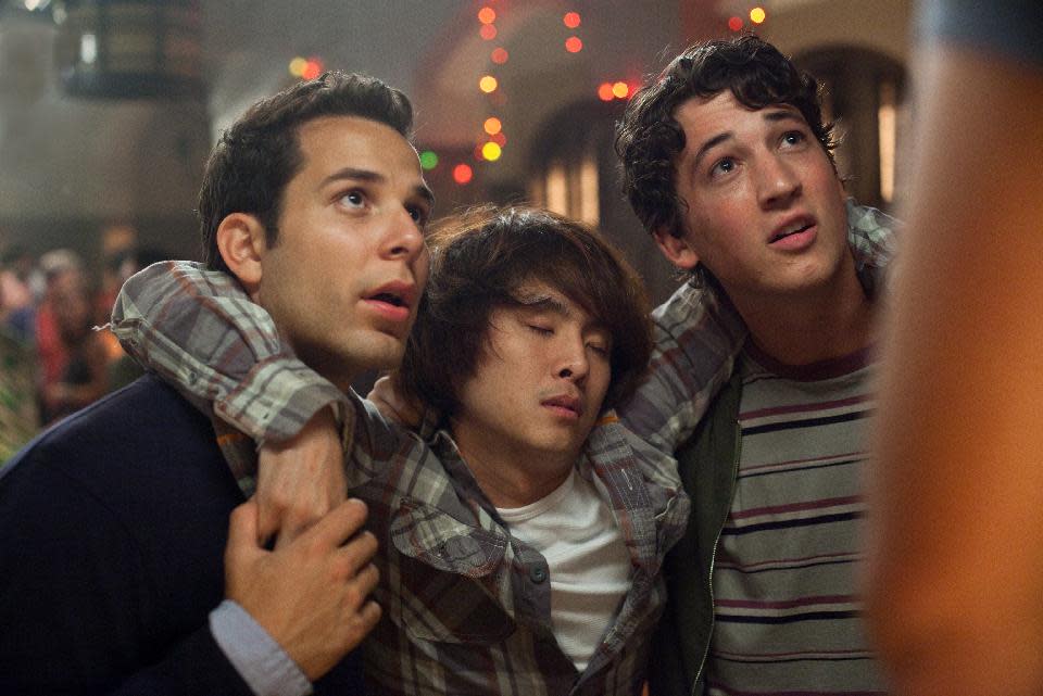 This film image released by Relativity Media shows, from left, Skylar Astin, Justin Chon and Miles Teller in a scene from "21 & Over". (AP Photo/Relativity Media, John Johnson)