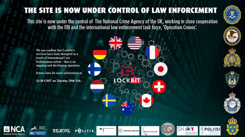 Una captura de pantalla tomada el 19 de febrero de 2024 muestra un aviso de retirada que un grupo de agencias de inteligencia globales emitió a un sitio web oscuro llamado Lockbit.