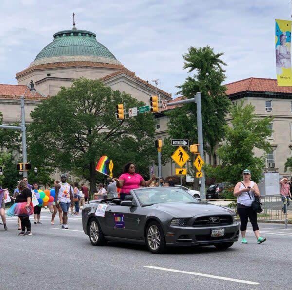  Wanika Fisher, then a state delegate and now a Prince George’s County council member, rides with supporters of then Sen. Kamala Harris in the 2019 Baltimore Pride parade. Photo courtesy of Wanika Fisher.