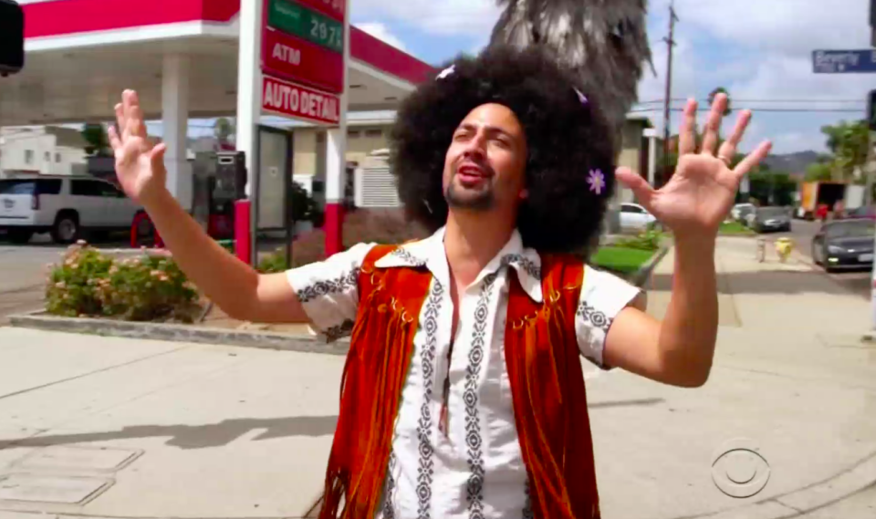 Lin-Manuel Miranda in a Crosswalk the Musical performance of <em>Hair</em> on <em>The Late Late Show with James Corden</em>. (Photo: CBS)