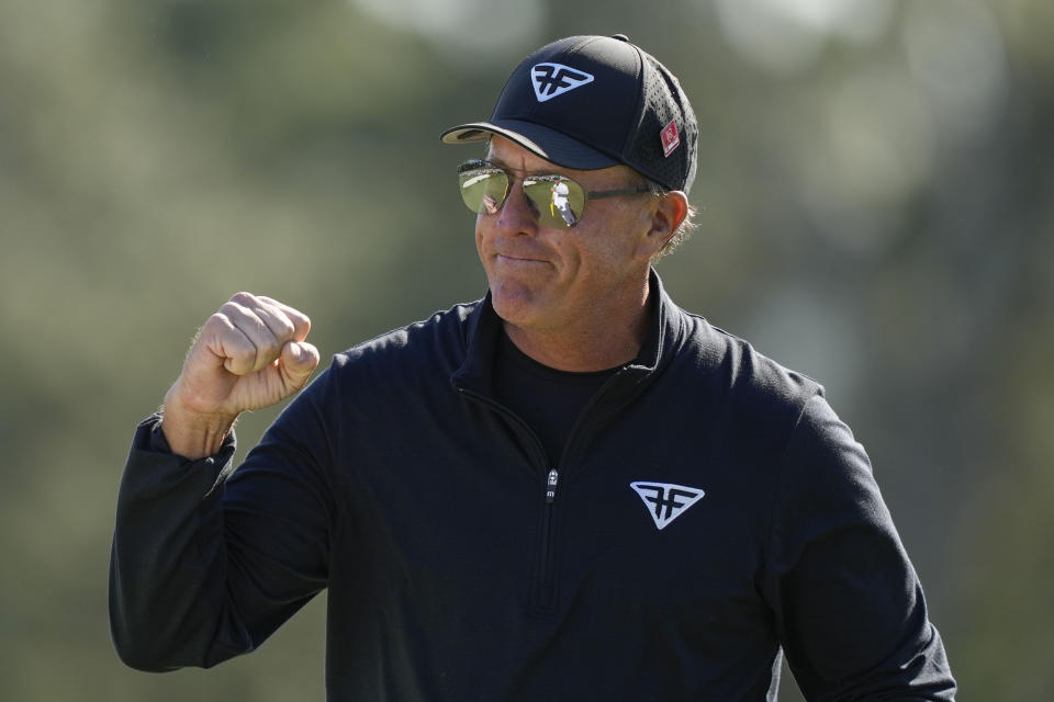 Phil Mickelson reacts on the 18th hole during the final round of the Masters golf tournament at Augusta National Golf Club on Sunday, April 9, 2023, in Augusta, Ga. (AP Photo/David J. Phillip)