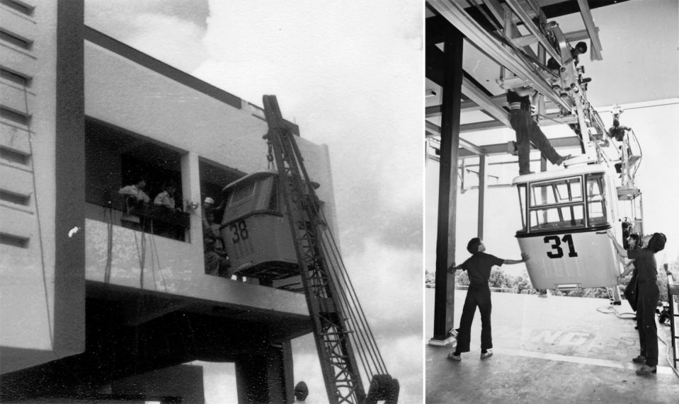 Hoisting (left) and mounting of 1st generation Singapore Cable Car (Photos: Mount Faber Leisure Group)