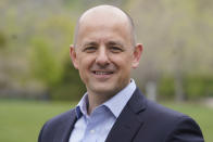 Evan McMullin poses for a photograph Thursday, April 28, 2022, in Salt Lake City. McMullin, a newly empowered independent who's been backed by the Democrats, is running against Sen. Mike Lee who is up for reelection. (AP Photo/Rick Bowmer)