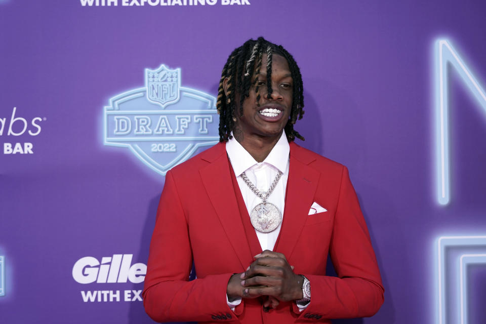 Alabama wide receiver Jameson Williams poses on the red carpet before the first round of the NFL football draft Thursday, April 28, 2022, in Las Vegas. (AP Photo/Jae C. Hong )