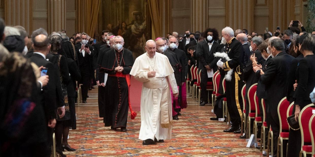 Pope Francis meets with diplomats from more than 180 countries, at the Vatican, January 10, 2022.