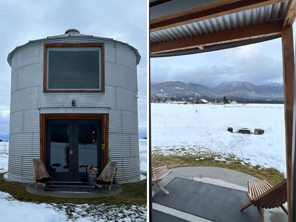 The Clark Farm Silos look out over Montana's Swan Mountains.