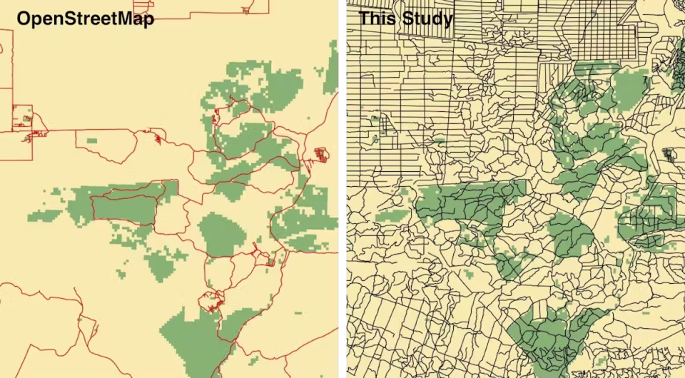 Left: Roads in a swath of northeast Borneo mapped by OpenStreetMap. Right: Roads mapped by the new study. Courtesy of Bill Laurance