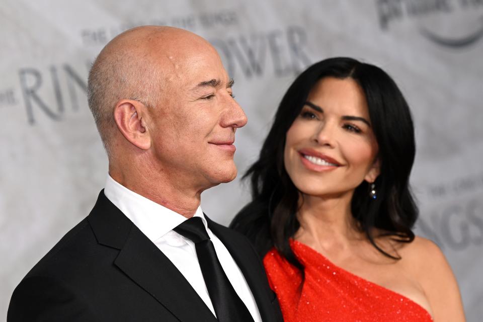 Jeff Bezos and Lauren Sánchez attend "The Lord of the Rings: The Rings of Power" World Premiere at Odeon Luxe Leicester Square on Aug. 30, 2022 in London.