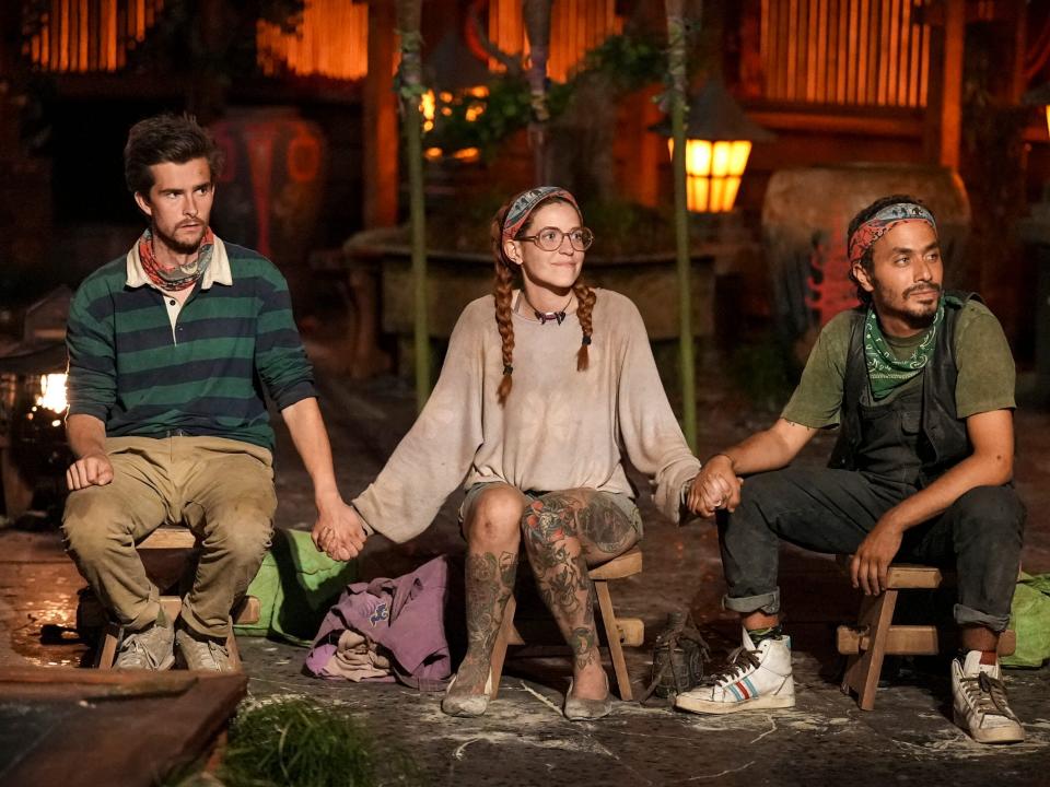 Charlie Davis, Kenzie Veurink, and Ben Katzman at the final Tribal Council in the season finale of "Survivor"