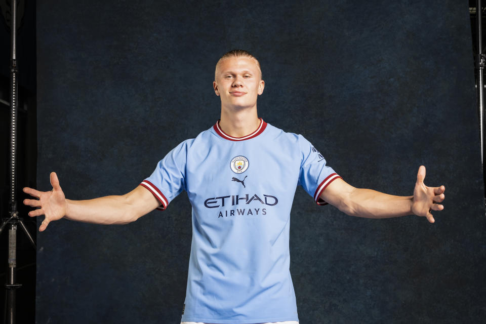 MANCHESTER, ENGLAND: In this photo released on June 13, 2022 Manchester City unveil new signing Erling Haaland at Manchester City Football Academy in Manchester, England. (Photo by Lynne Cameron - Manchester City/Manchester City FC via Getty Images)