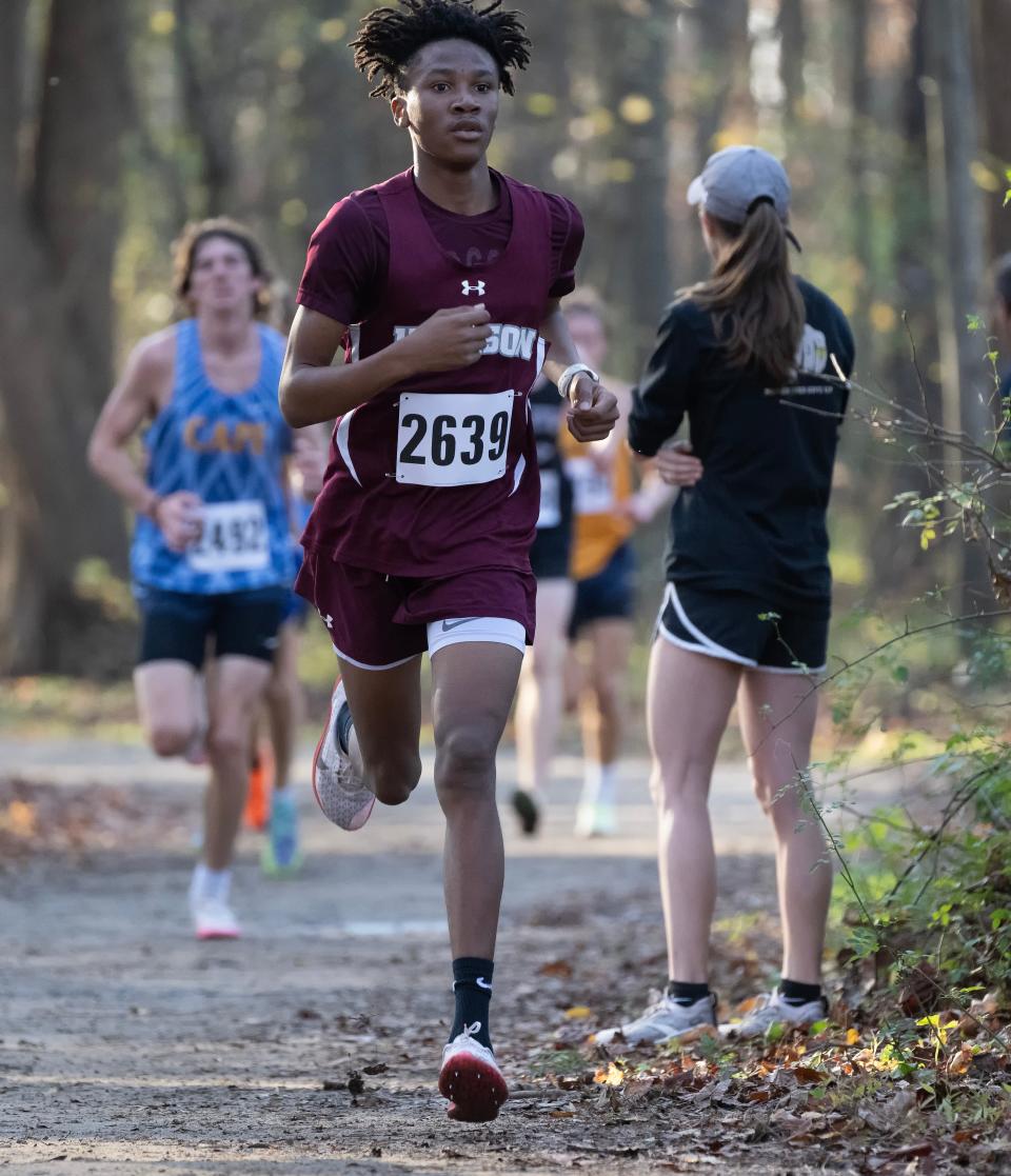 Hodgson’s Camerin Williams (eighth place) runs in the DIAA 2022 Cross Country Boy’s Division I Championship at Killens Pond State Park in Felton, Del.