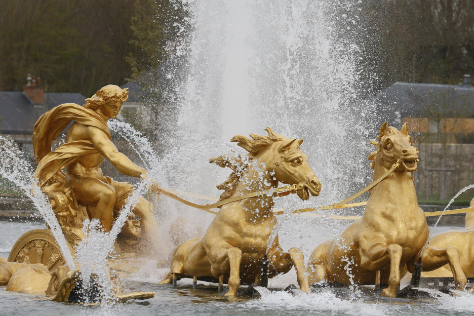 A detail of Apollo's Chariot fountain after it was given water again after renovation, Friday, March 29, 2024 in the park of the Chateau de Versailles, west of Paris. The Palace of Versailles is reinstalling Apollo's Chariot, a masterpiece from the 17th century after a major restoration undertaken ahead of the Paris Olympics, during which the site will be the venue for equestrian sports. (AP Photo/Thomas Padilla)