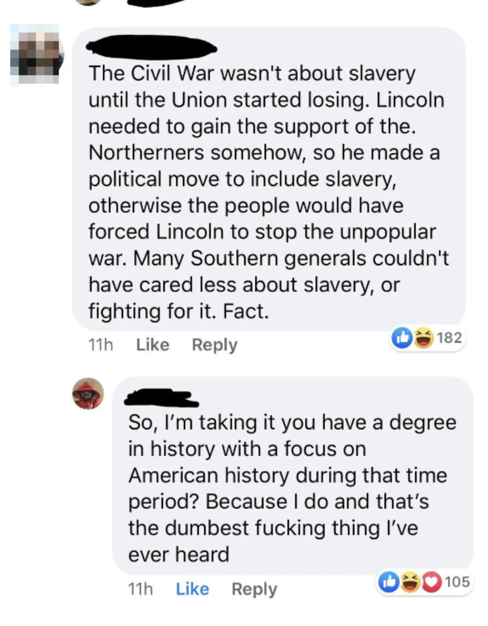 Two social media comments debating the cause of the Civil War and Lincoln's motives