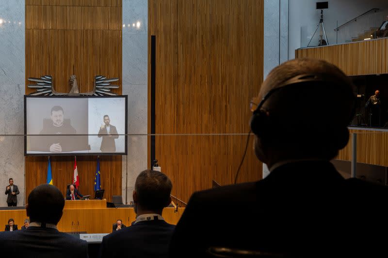 Ukrainian President Volodymyr Zelenskiy addresses Austria's lower house of parliament