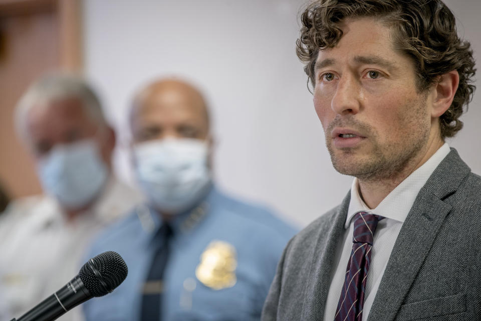 FILE - In this May 28, 2020 file photo, Minneapolis Mayor Jacob Frey speaks during a news conference in Minneapolis. Talk of changing the Minneapolis Police Department is everywhere in the wake of George Floyd's death in an encounter with four officers. But real change may depend on confronting the powerful police union that has resisted similar attempts for years. Mayor Frey said, "What we're talking about right now is attacking a full-on culture shift of how police departments in Minneapolis and around the nation operate." (Elizabeth Flores/Star Tribune via AP File)