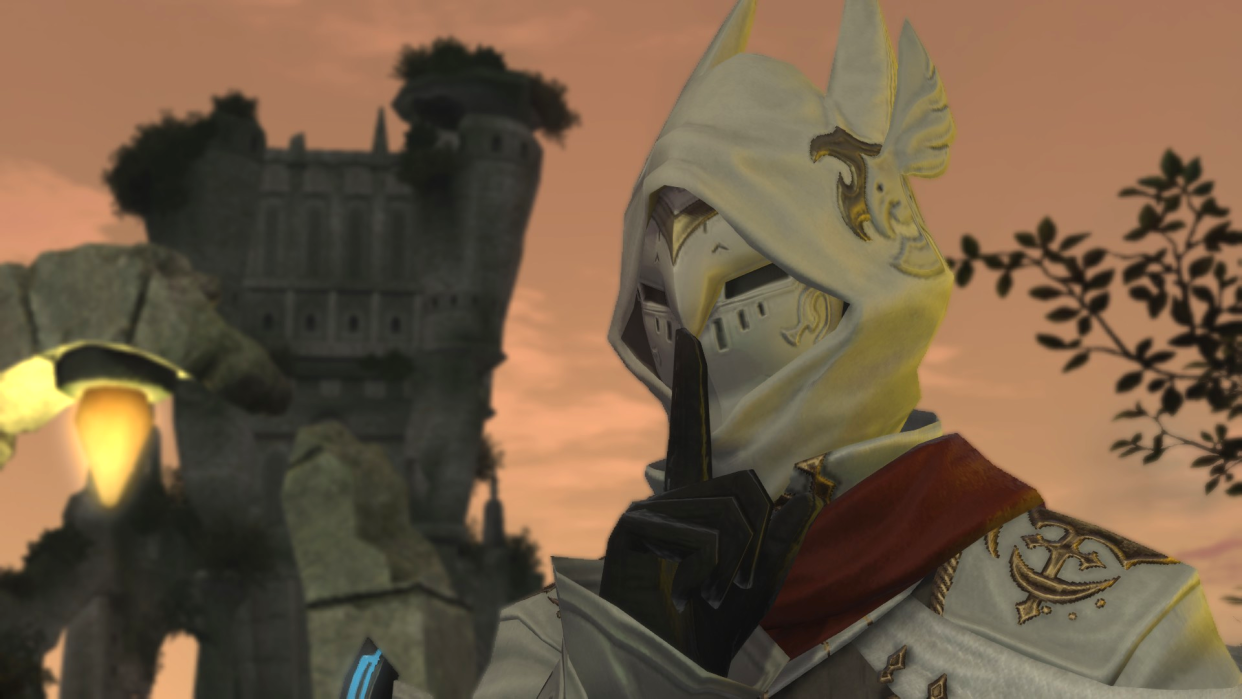  An image of a helmeted FF14 character bringing their index to their lips, as if to shush someone, amongst the locale of Bronze Lake. 