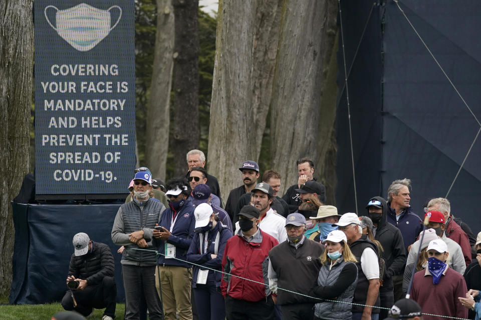 Fans watch play during the second round of the U.S. Women's Open golf tournament at The Olympic Club, Friday, June 4, 2021, in San Francisco. (AP Photo/Jeff Chiu)