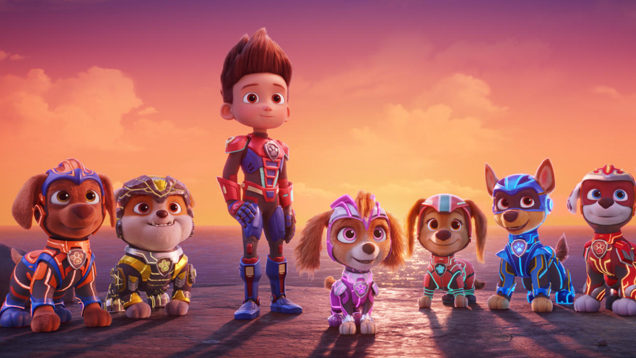  Nylan Parthipan as “Zuma,” Luxton Handspiker as “Rubble,” Finn Lee-Epp as “Ryder,” McKenna Grace as “Skye,” Marsai Martin as “Liberty,” Christian Convery as “Chase,” and Christian Corrao as “Marshall” in Paw Patrol: The Mighty Movie. 