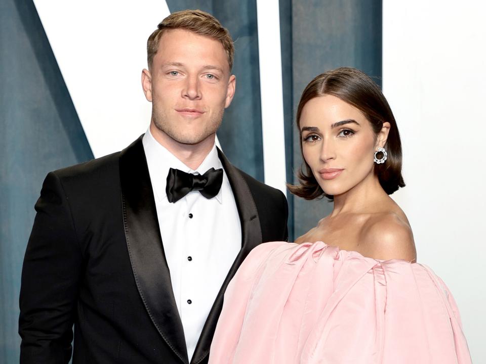 Christian McCaffrey and Olivia Culpo attend the 2022 Vanity Fair Oscar Party hosted by Radhika Jones at Wallis Annenberg Center for the Performing Arts on March 27, 2022 in Beverly Hills, California