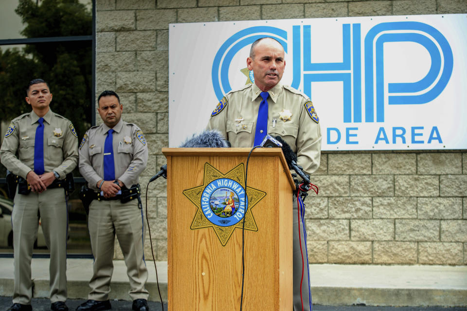 California Highway Patrol Lt. David Yokley speaks about a deadly crash in Temescal Valley during a news conference outside the CHP office in Riverside, Calif., Monday, Jan. 20, 2020. A Southern California driver intentionally rammed a Toyota Prius with several teenage boys inside, killing a few and injuring a few others before fleeing, authorities said Monday. (Watchara Phomicinda/The Orange County Register via AP)