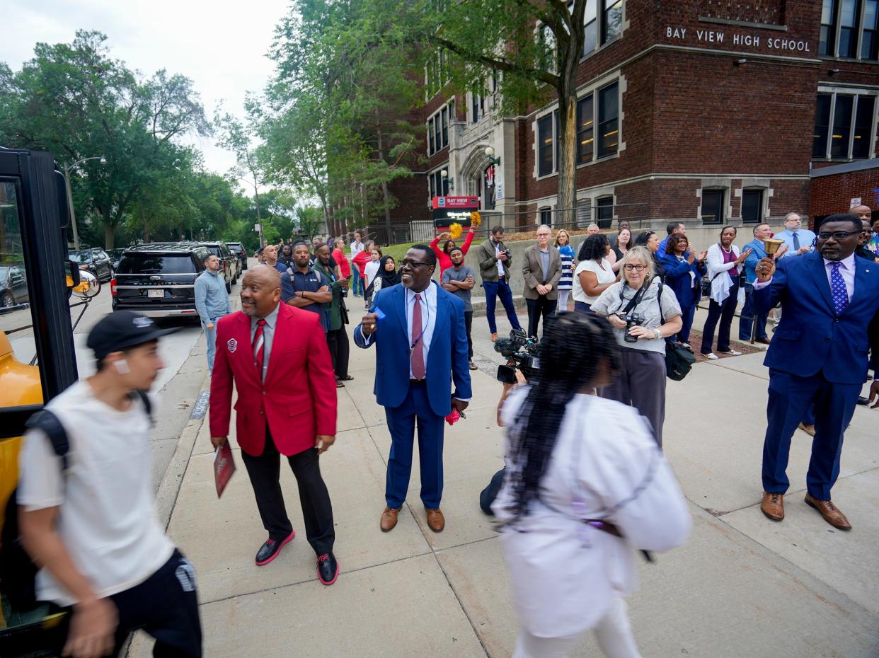 Bay View High School principal Jeffrey Gaddis, left, Milwaukee Public Schools principal Gregory Y. Ogunbowale, middle, and MPS superintendent Keith Posley greet students on the first day of school in August. Milwaukee Public Schools has the largest enrollment of students in the state of Wisconsin.