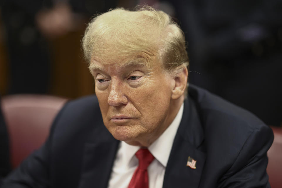 Former President Donald Trump appears at Manhattan criminal court before closing arguments in his criminal hush money trial in New York, Tuesday, May 28, 2024. (Andrew Kelly/Pool Photo via AP)