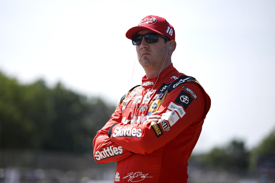 ELKHART LAKE, WISCONSIN - JULY 02: Kyle Busch, driver of the #18 Skittles America Mix Toyota, looks on during practice for the NASCAR Cup Series Kwik Trip 250 at Road America on July 02, 2022 in Elkhart Lake, Wisconsin. (Photo by Sean Gardner/Getty Images)