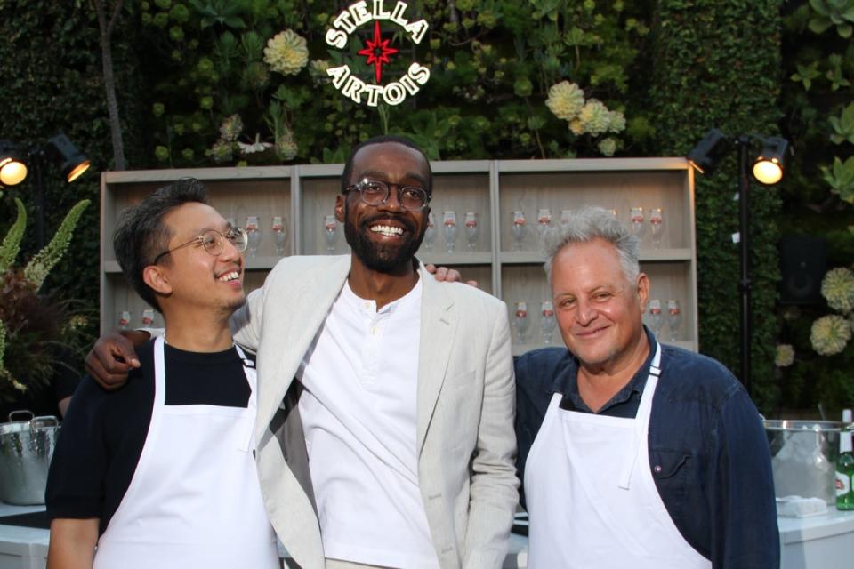 Hendrix (centre) with chefs Justin Pichetrungsi of Anajak Thai and Chris Bianco of Pizzeria Bianco (Courtesy of Stella Artois)