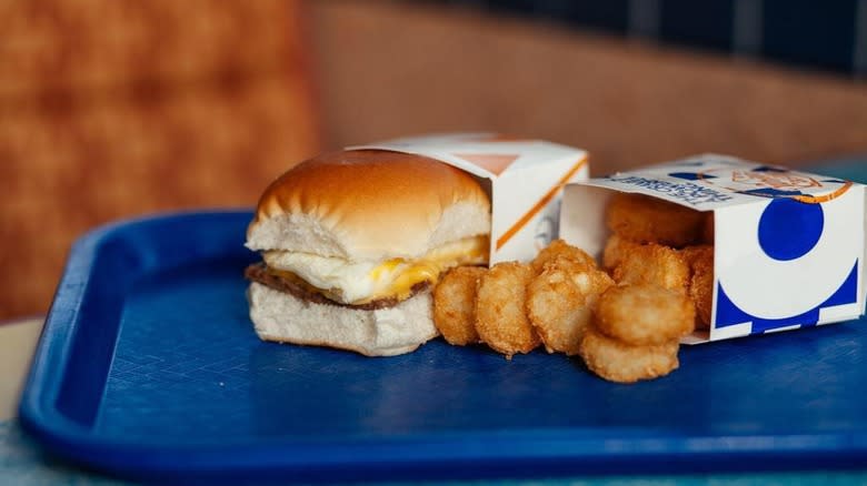 White Castle breakfast sandwich on a tray