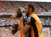 Britain Soccer Football - Hull City v Sheffield Wednesday - Sky Bet Football League Championship Play-Off Final - Wembley Stadium - 28/5/16 Mohamed Diame celebrates scoring the first goal for Hull City with Ahmed Elmohamady Action Images via Reuters / Tony O'Brien Livepic EDITORIAL USE ONLY. No use with unauthorized audio, video, data, fixture lists, club/league logos or "live" services. Online in-match use limited to 45 images, no video emulation. No use in betting, games or single club/league/player publications. Please contact your account representative for further details.