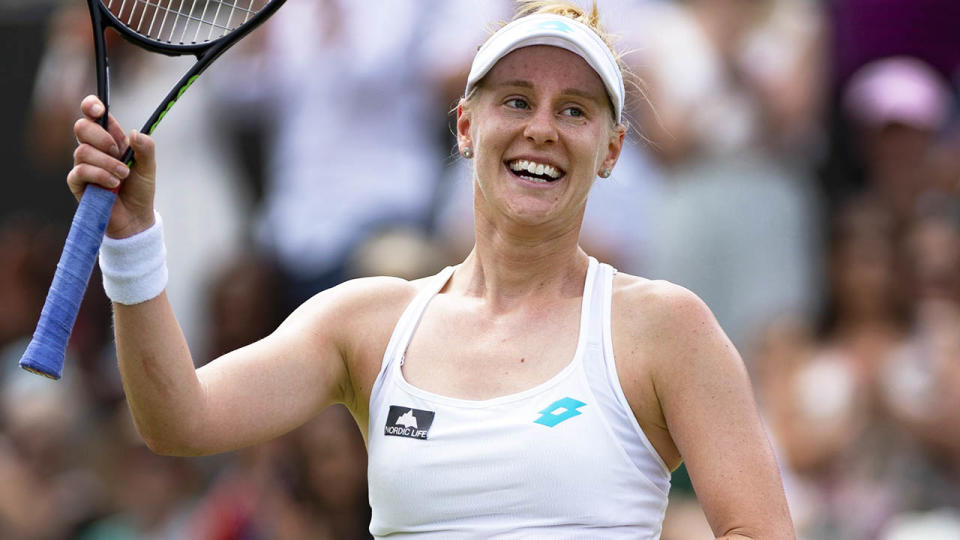 Alison Riske celebrates her win over Ash Bartyat Wimbledon. (Photo by Visionhaus/Getty Images)