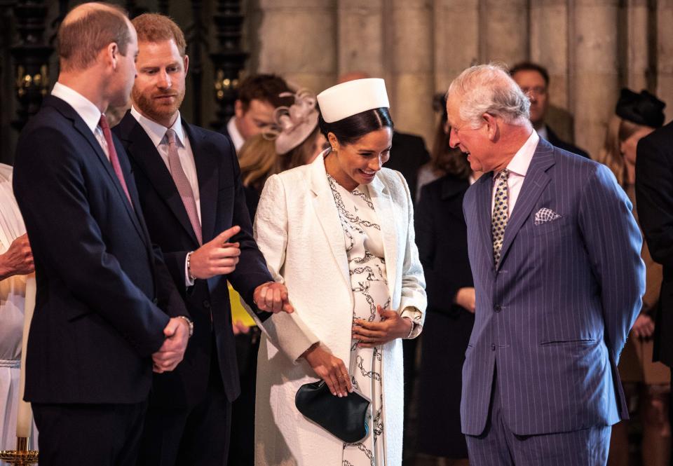 Duchess Meghan, then-Prince Charles, Prince William and Prince Harry gather as they attend the Commonwealth Day service at Westminster Abbey in London on March 11, 2019.