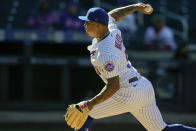 New York Mets' Taijuan Walker delivers a pitch during the first inning of a baseball game against the Philadelphia Phillies in the first game of a doubleheader Tuesday, April 13, 2021, in New York. (AP Photo/Frank Franklin II)