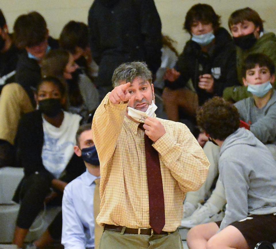 Westport head coacah Scot Boudria directs his team on the court during a game against Bristol-Plymouth last season.