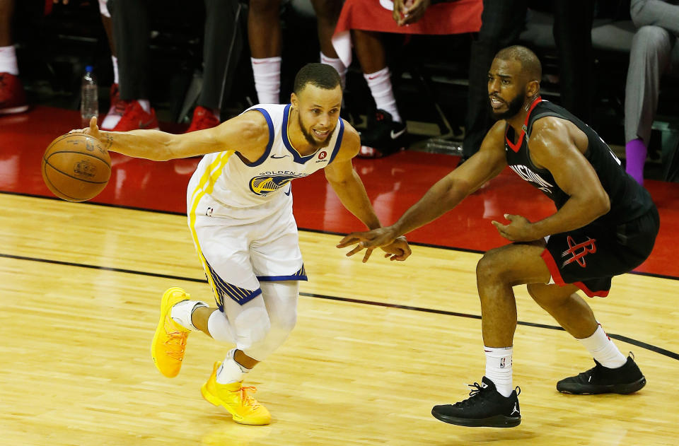 Stephen Curry and Chris Paul went at it in Game 5 Thursday night. (AP)