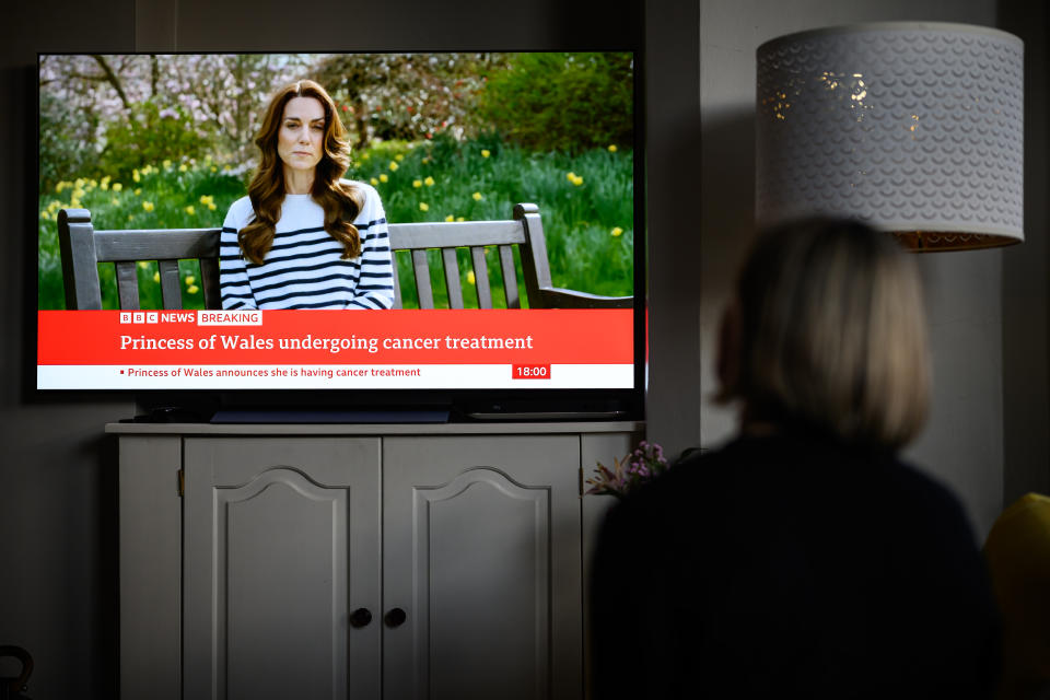 LONDON, ENGLAND - MARCH 22: A relative of the Photographer watches television, as Catherine, The Princess of Wales announces that she is receiving a preventative course of chemotherapy for cancer on March 22, 2024 in London, England. The Princess of Wales had abdominal surgery earlier this year and has revealed that cancer has subsequently been found. She said she has been receiving chemotherapy and asked for privacy for her and her family. (Photo by Leon Neal/Getty Images)