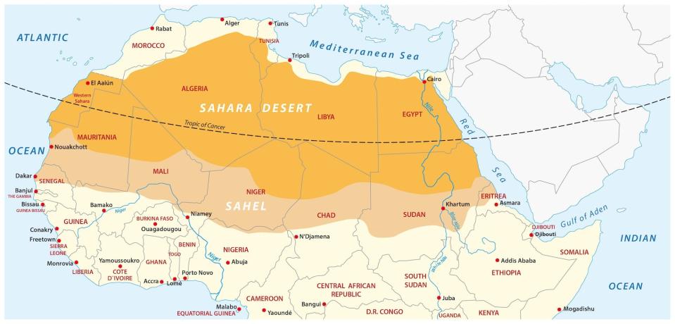A map of the top of the African continent showing the Sahara Desert and Sahel regions in different shades of orange