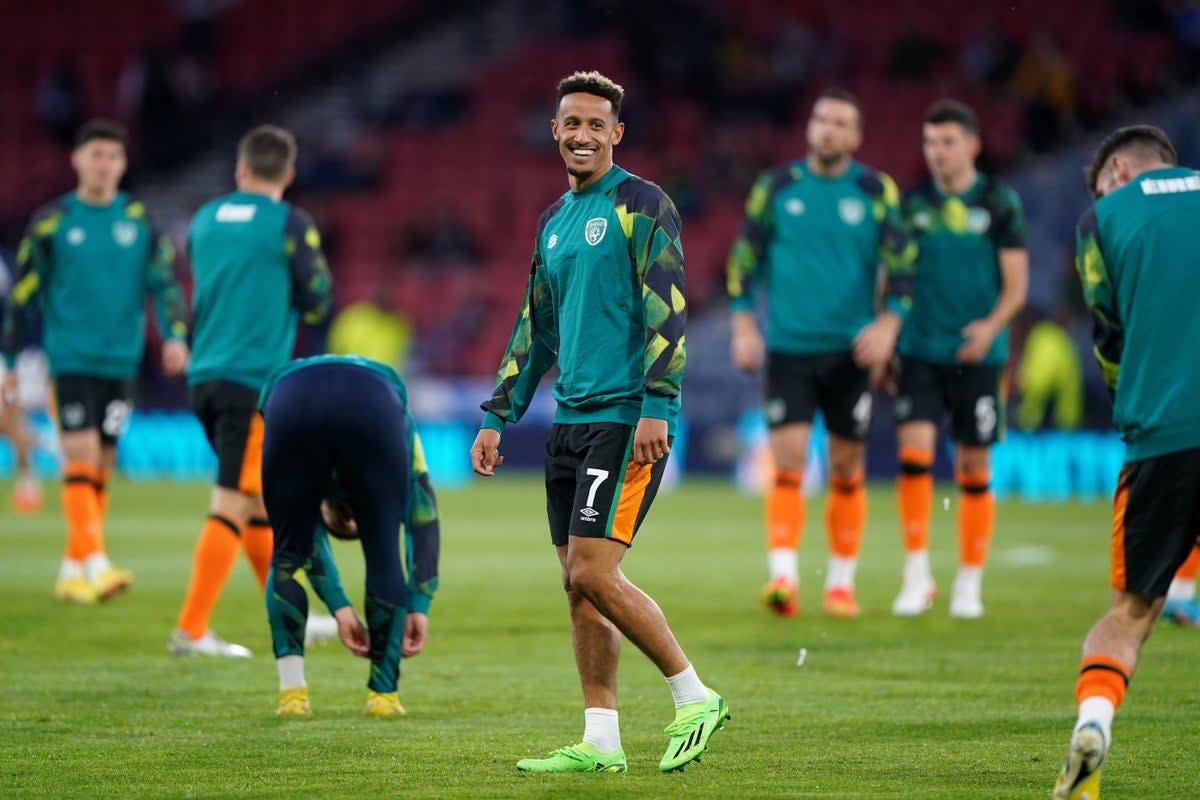Republic of Ireland’s Callum Robinson (centre) during the warm up before the UEFA Nations League Group E Match at Hampden Park, Glasgow. Picture date: Saturday September 24, 2022. (PA Wire)