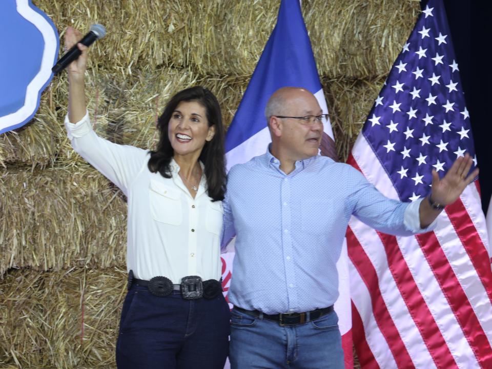 Nikki Haley and her husband, Michael Haley, in Iowa in June 2023.