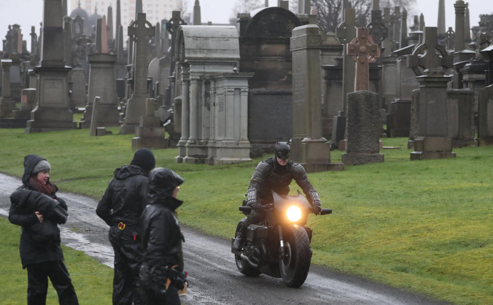 A man dressed as Batman during filming at the Glasgow Necropolis cemetery for a new movie for the surperhero franchise. PA Photo. Picture date: Friday February 21, 2020. Photo credit should read: Andrew Milligan/PA Wire (Photo by Andrew Milligan/PA Images via Getty Images)