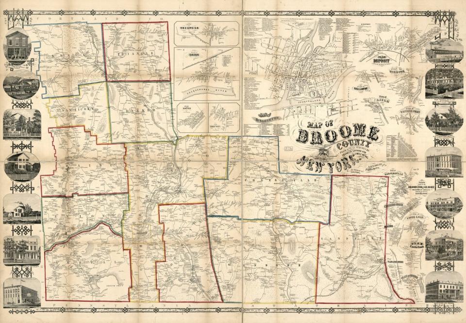 A map of Broome County from 1855 showing Binghamton in the upper right.