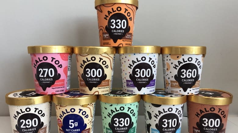 Halo Top ice cream pints stacked in pyramid style