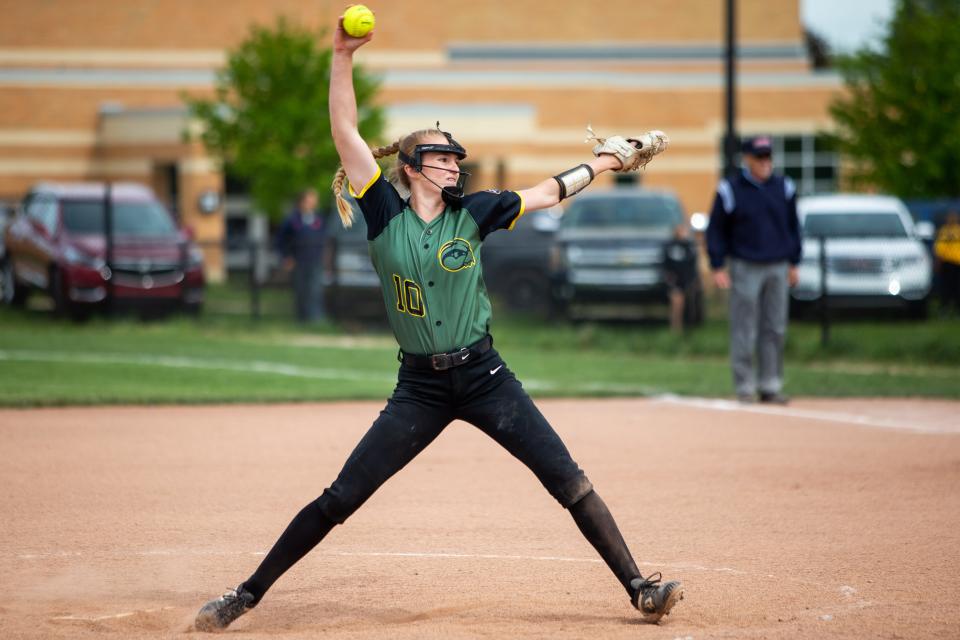 Hamilton's Madie Jamrog throws a pitch during a game against Holland Christian Tuesday, May 17, 2022, at Hamilton High School.