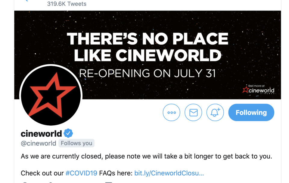 Cineworld has updated its Twitter banner with the new date. (Twitter)
