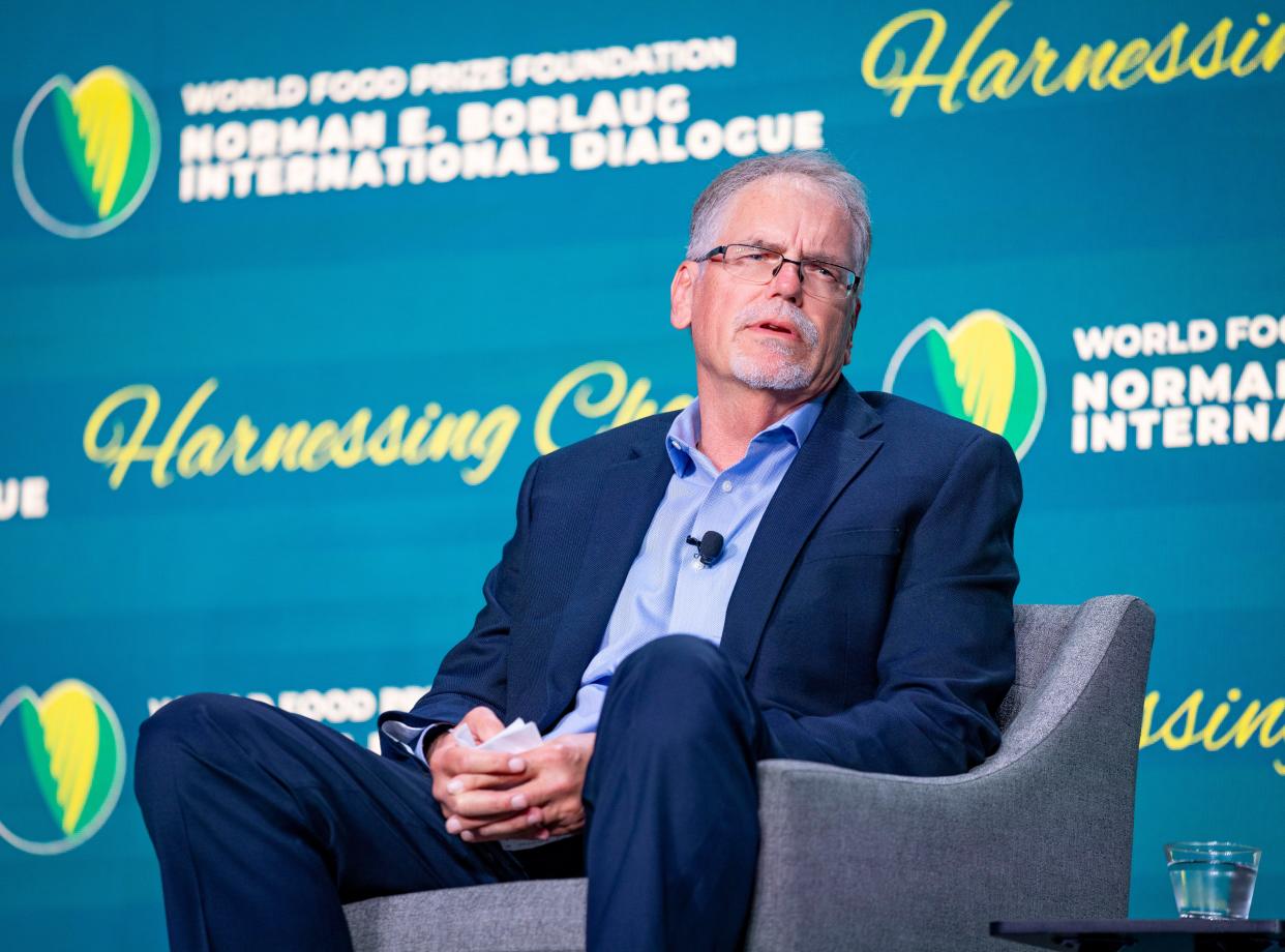 Kevin Lucke, president of Chevron Renewable Energy Group in Ames, speaks on a panel during the Borlaug Dialogue held by the World Food Prize Foundation.