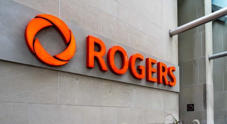 The logo for Rogers Communications displayed on an office building.