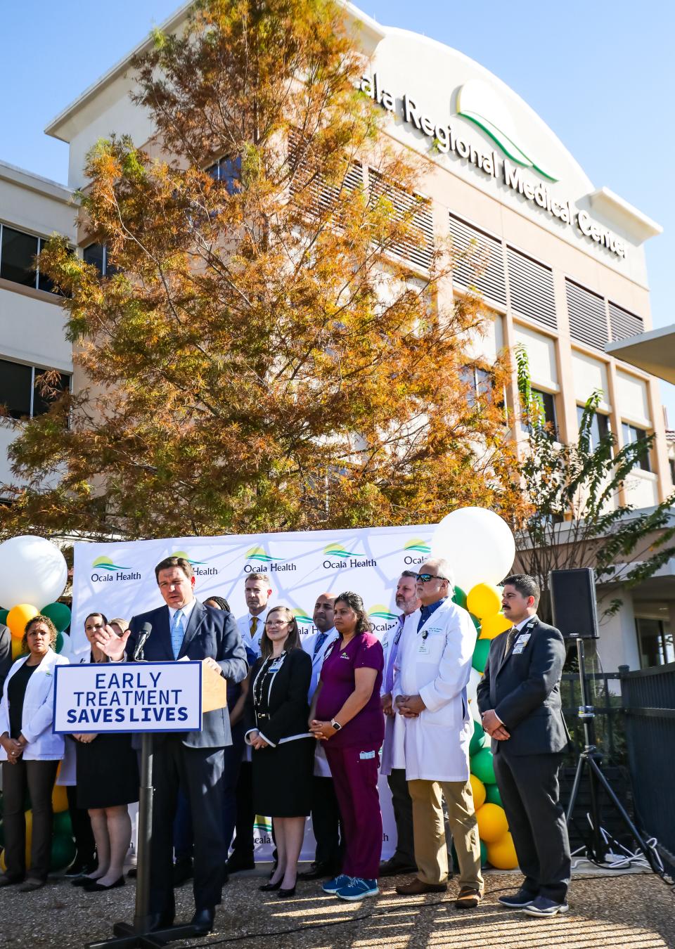 Gov. Ron DeSantis speaks to news media at Ocala Health, along with state Surgeon General Joseph Ladapo on Friday morning.