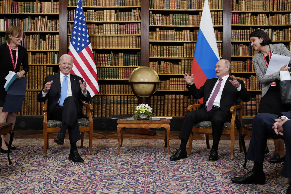 President Joe Biden meets with Russian President Vladimir Putin, Wednesday, June 16, 2021, at the 'Villa la Grange', in Geneva, Switzerland. (AP Photo/Patrick Semansky)