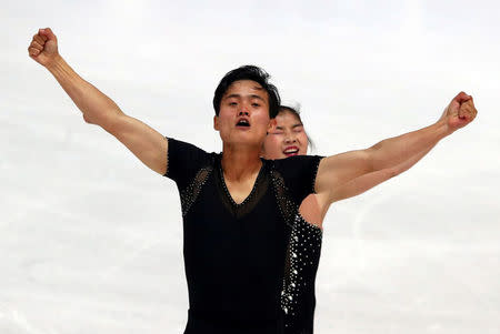 FILE PHOTO: Figure Skating - Olympic Qualifying ISU Challenger Series - Pairs Free Skating - Oberstdorf, Germany - September 29, 2017 - Ryom Tae-Ok and Kim Ju-Sik of North Korea compete. REUTERS/Michael Dalder /File Photo